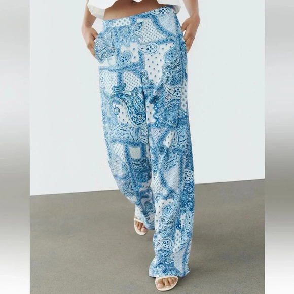 ZARA PAISLEY PRINT BLUE WHITE WIDE LEG PANTS - Picture 3 of 8